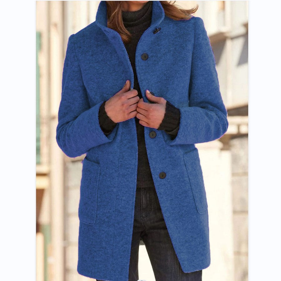 Stand Collar Woolen Coat With Pockets Fall Winter Casual Button