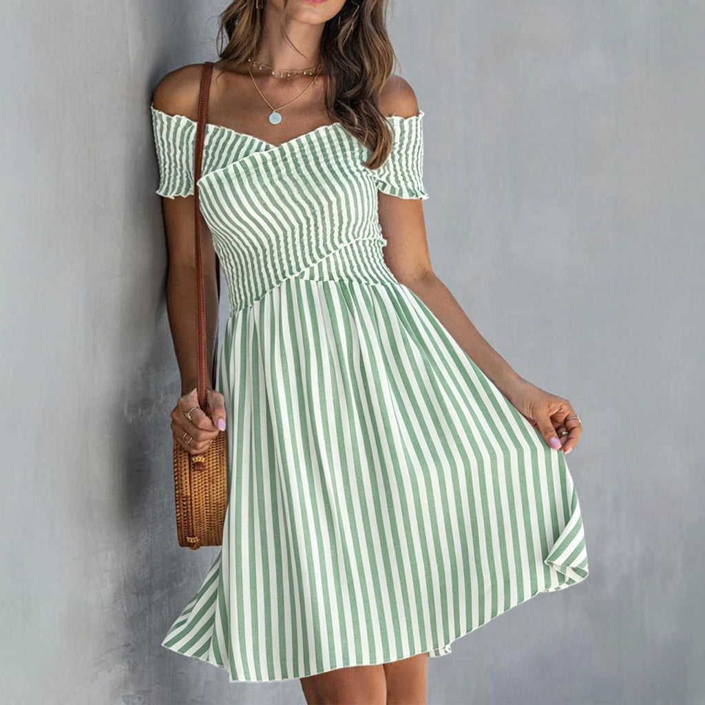Off-Shoulder Striped Waist-Cinching Midi Dress