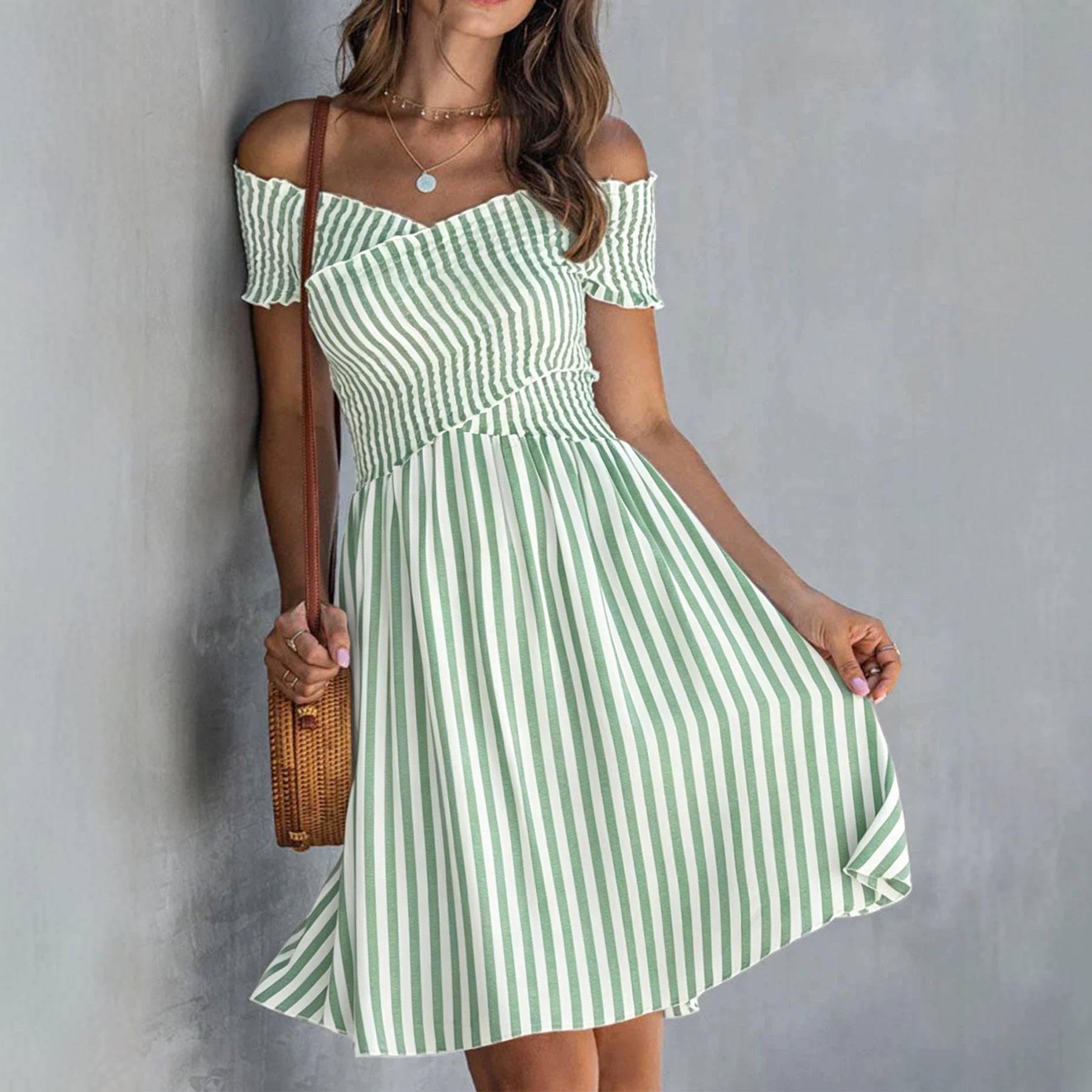 Off-Shoulder Striped Waist-Cinching Midi Dress