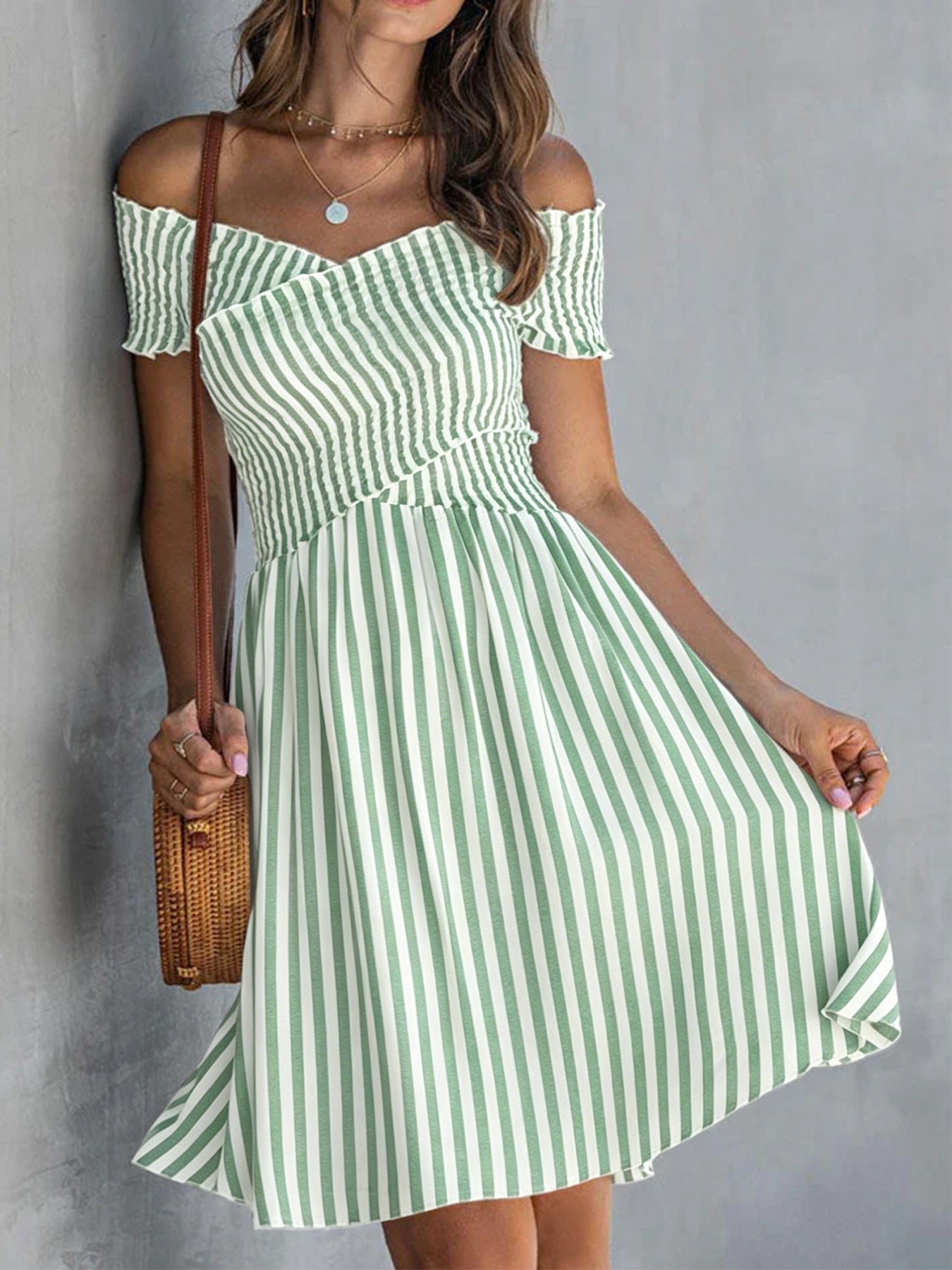 Off-Shoulder Striped Waist-Cinching Midi Dress