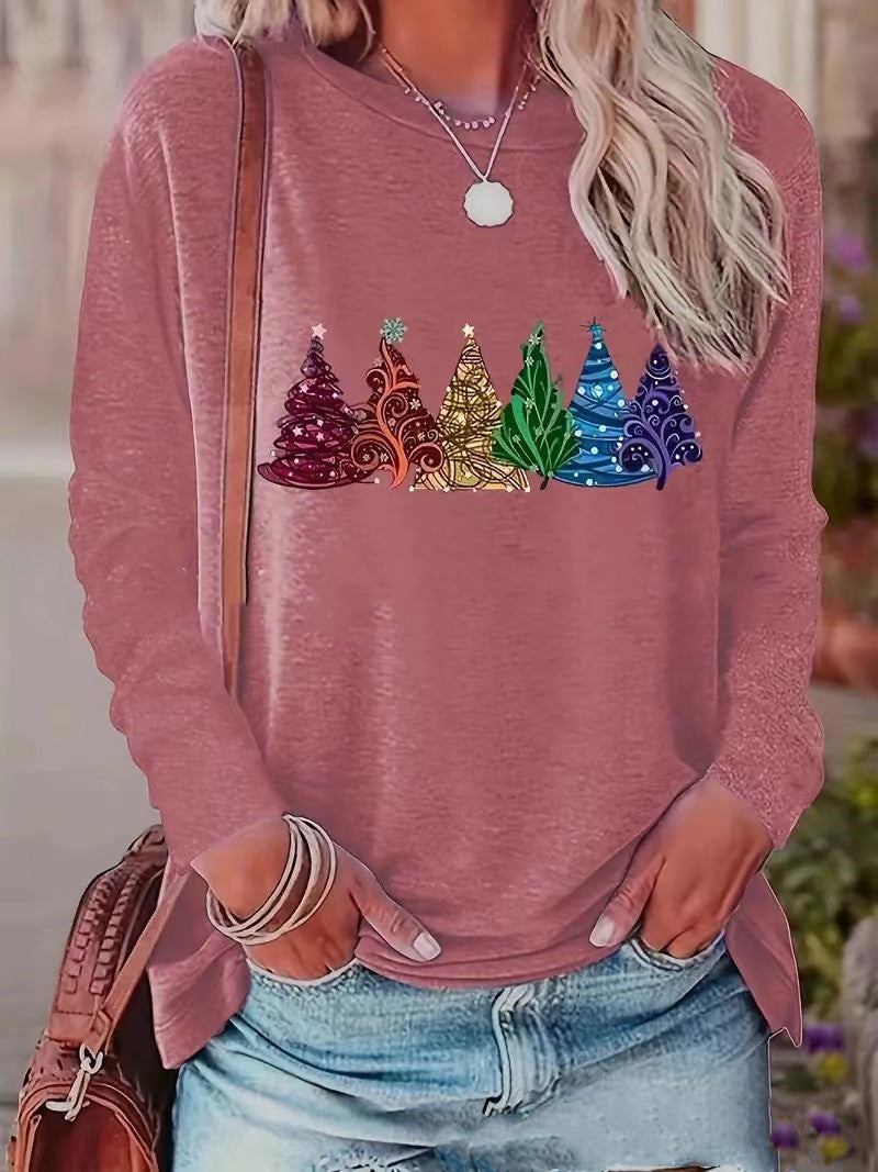 Christmas Tree Print Top Round Neck Shirt Long Sleeve Women's Clothing
