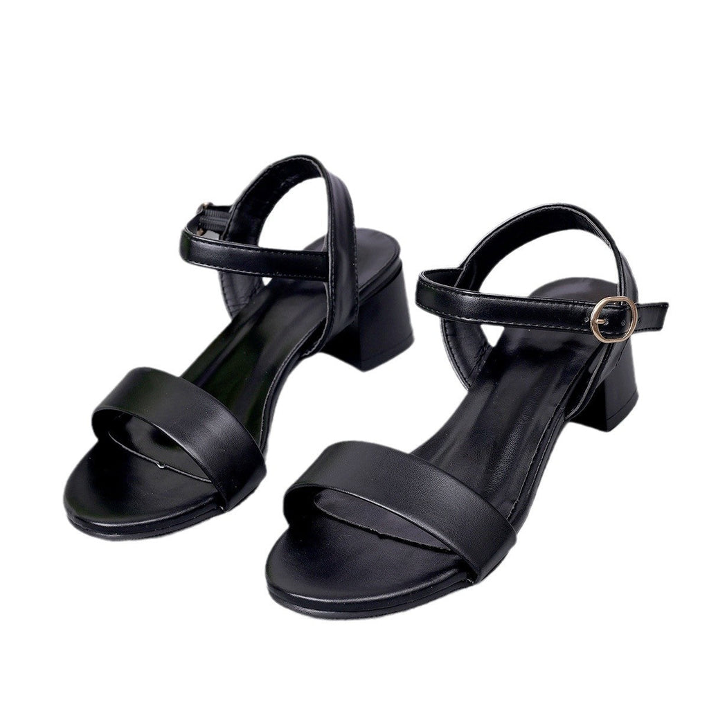 Genuine Leather Sandals Low Heel Buckle Strap  Open Toe