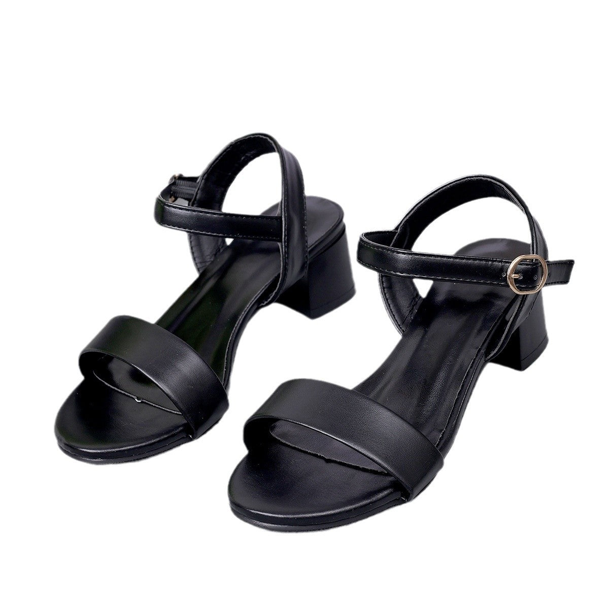 Genuine Leather Sandals Low Heel Buckle Strap  Open Toe