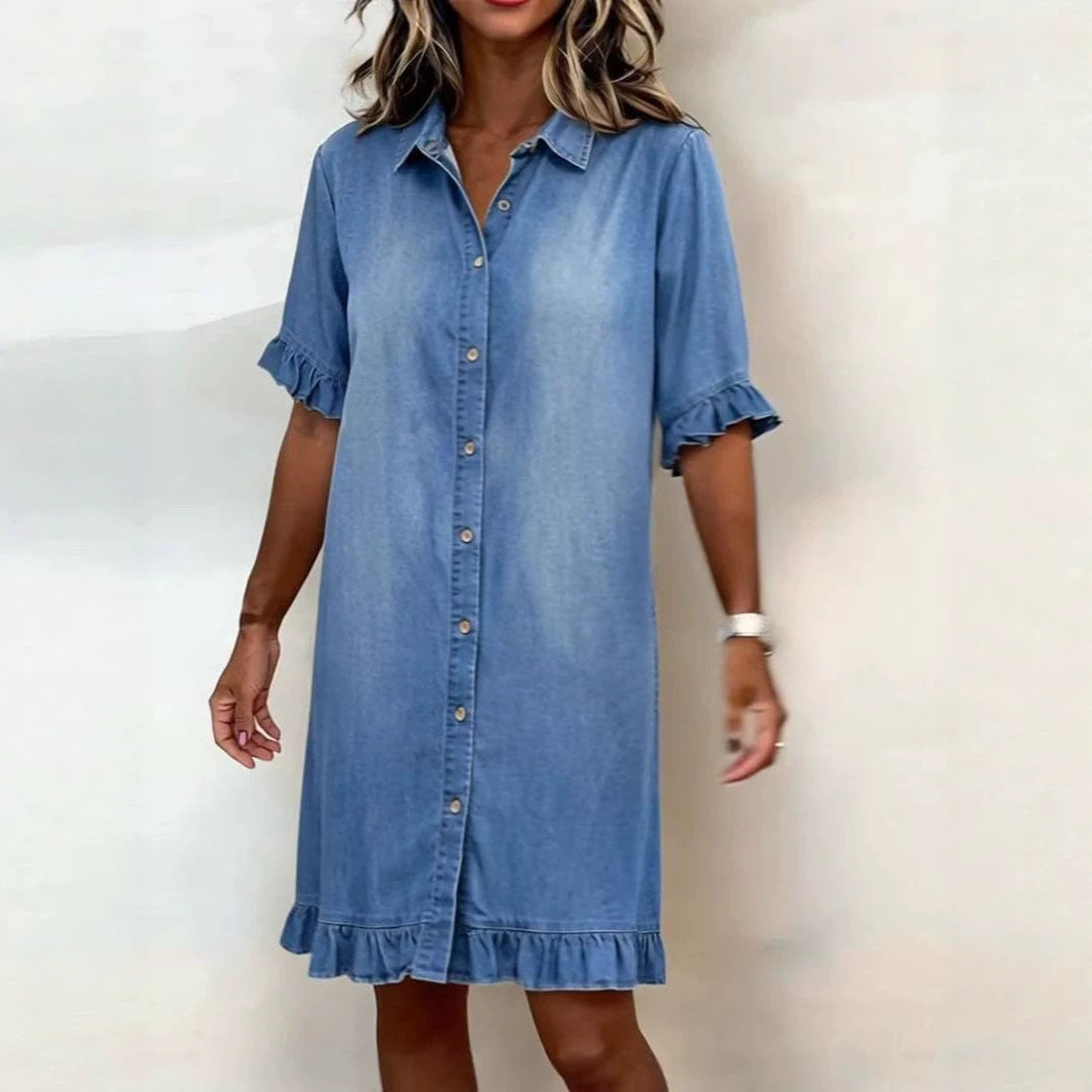 Faux Denim Ruffle-Sleeve Shirt Dress