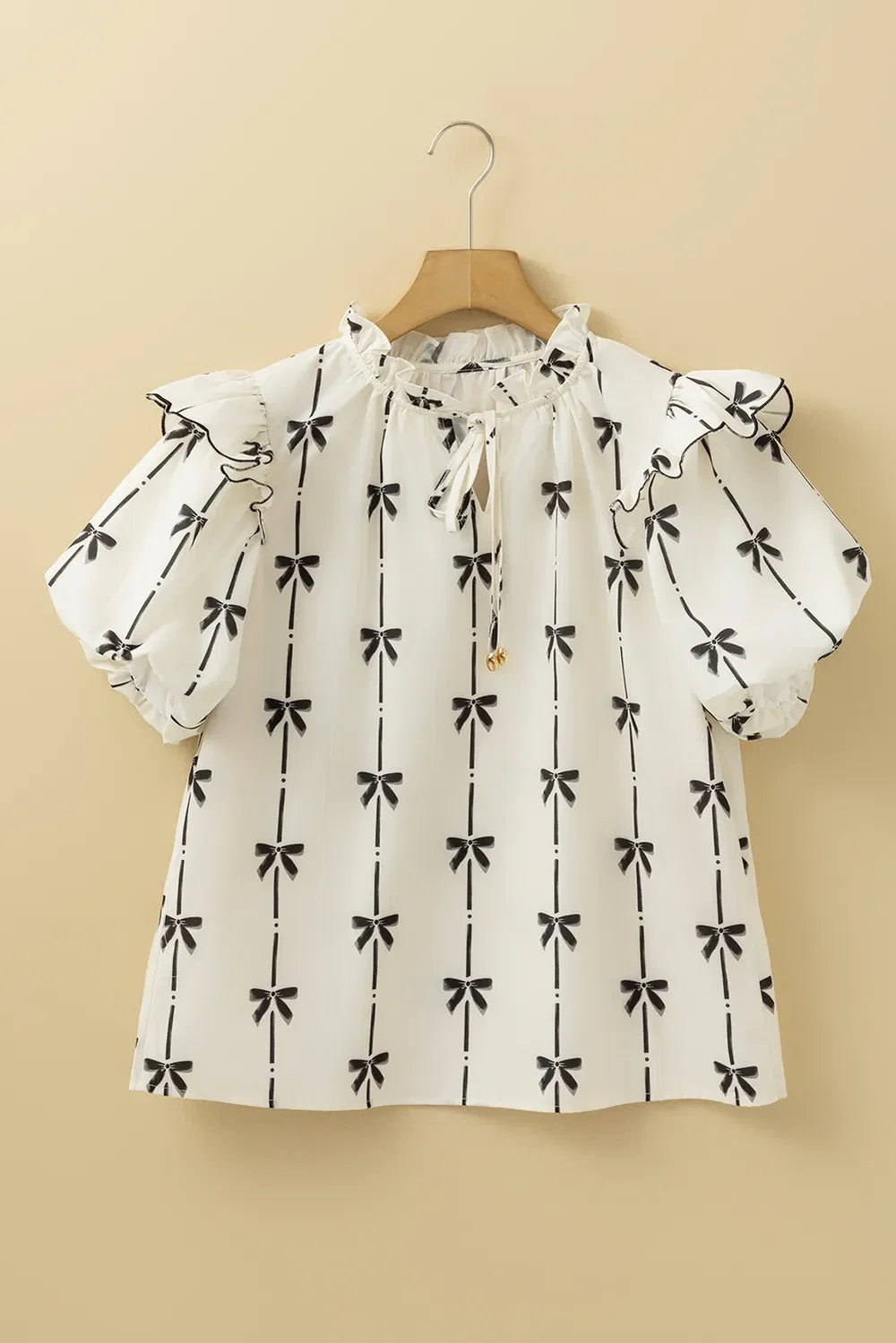 Bow Print  Short Sleeve Blouse