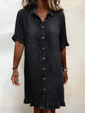 Faux Denim Ruffle-Sleeve Shirt Dress
