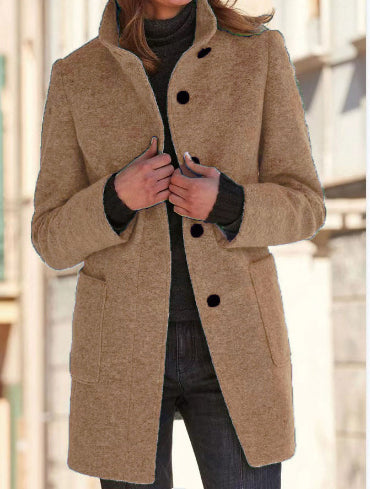 Stand Collar Woolen Coat With Pockets Fall Winter Casual Button