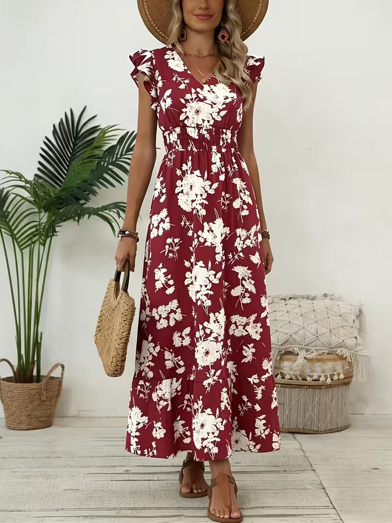 High Waisted Sleevless V-Neck Floral Print A-Line Midi Dress