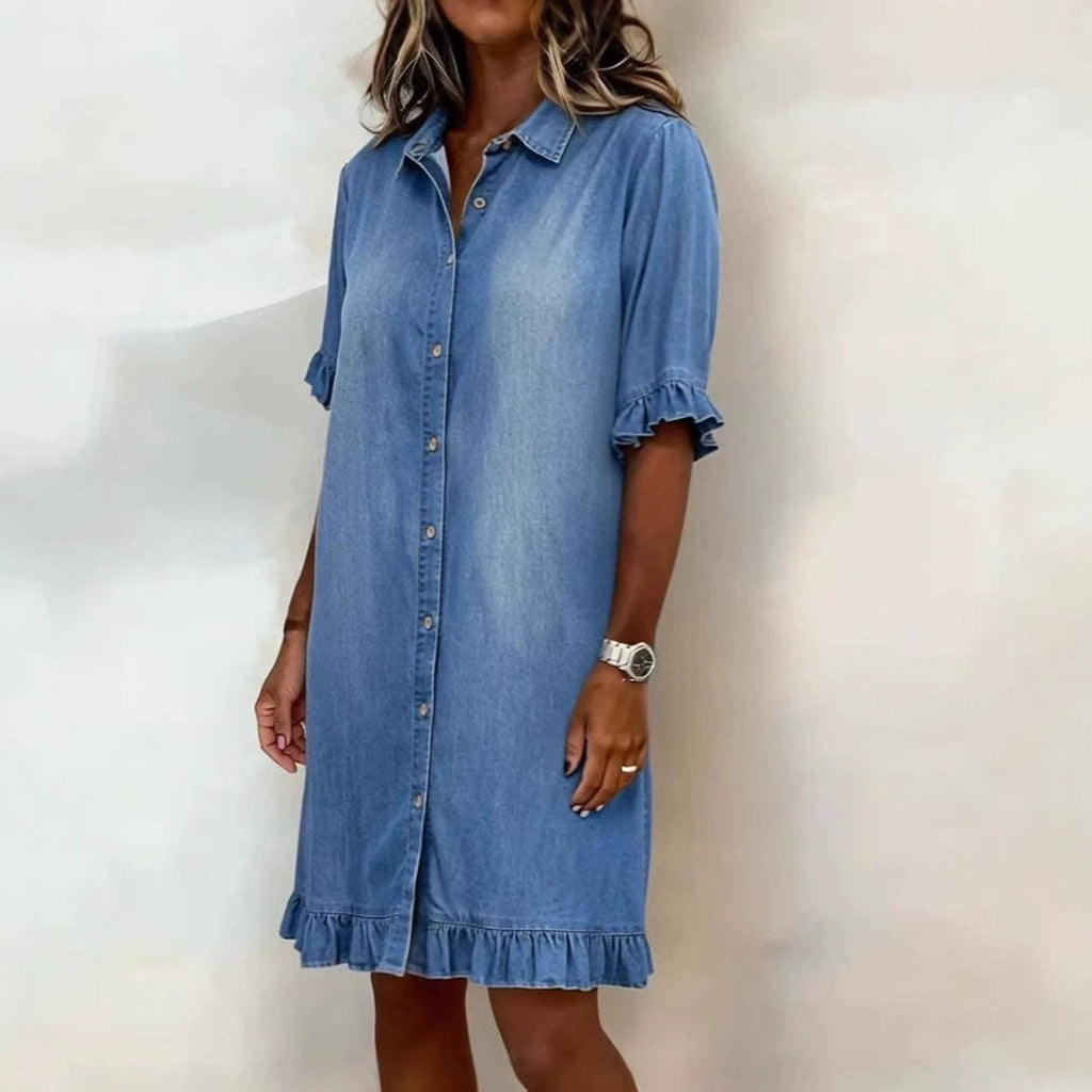 Faux Denim Ruffle-Sleeve Shirt Dress