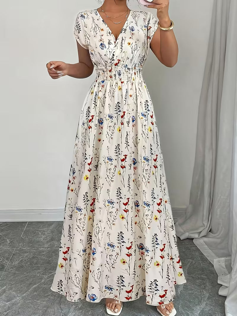 High Waisted Sleevless V-Neck Floral Print A-Line Midi Dress