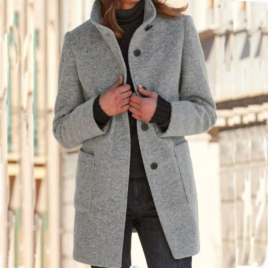Stand Collar Woolen Coat With Pockets Fall Winter Casual Button