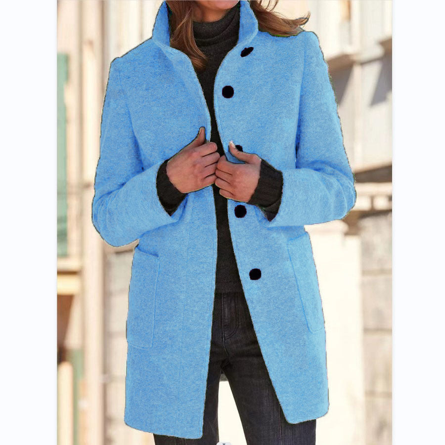 Stand Collar Woolen Coat With Pockets Fall Winter Casual Button