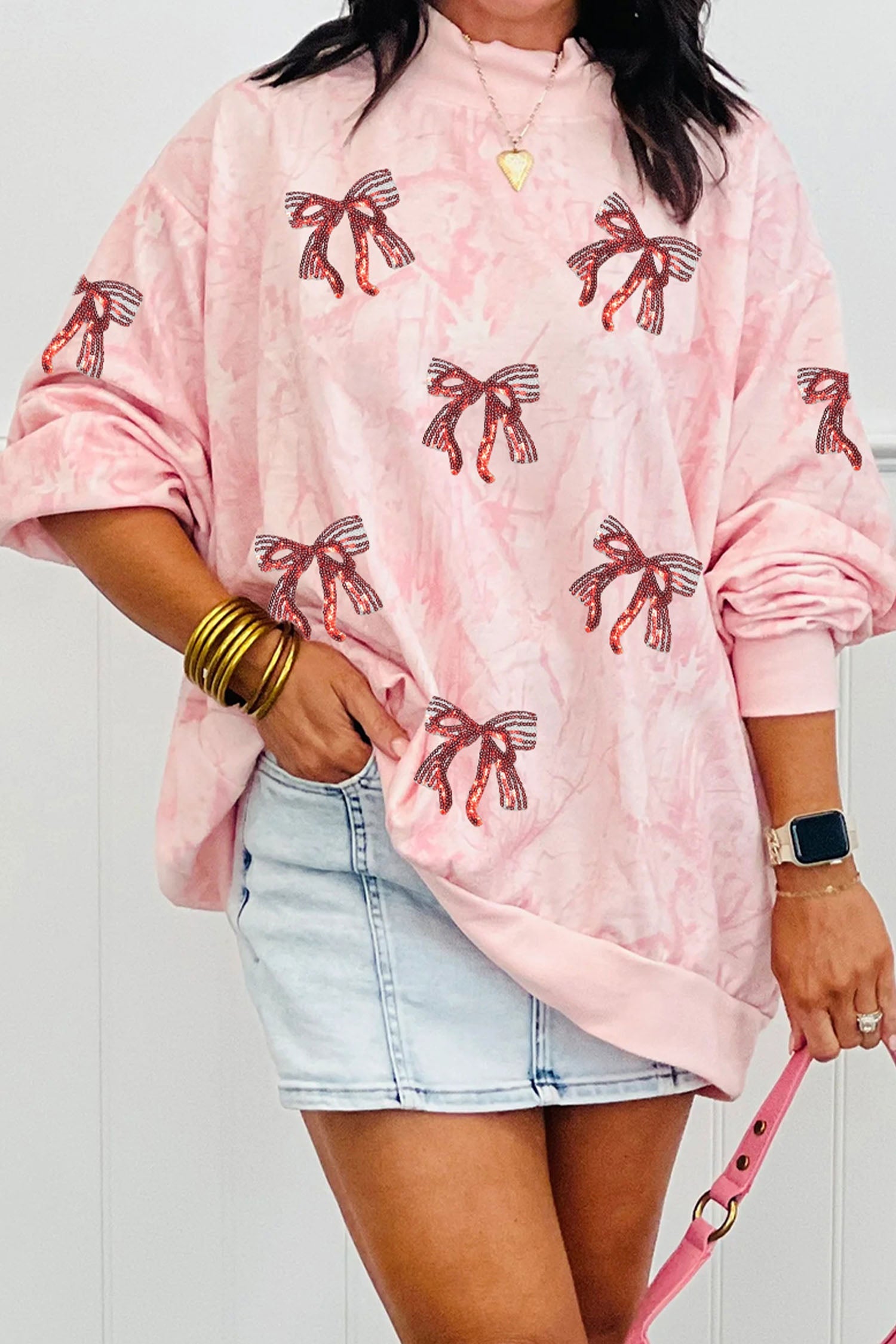 Pink Sequin Valentines Mock Neck Baggy Sweatshirt
