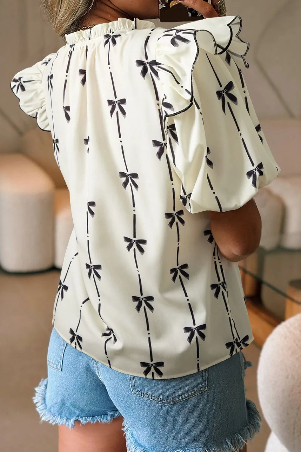 Bow Print  Short Sleeve Blouse