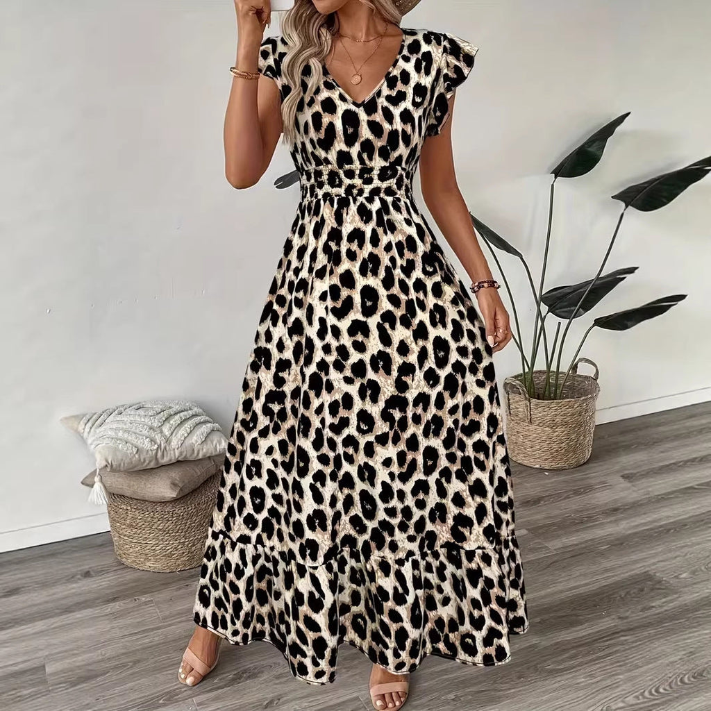 High Waisted Sleevless V-Neck Floral Print A-Line Midi Dress