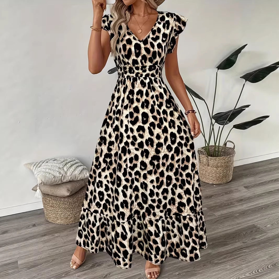High Waisted Sleevless V-Neck Floral Print A-Line Midi Dress