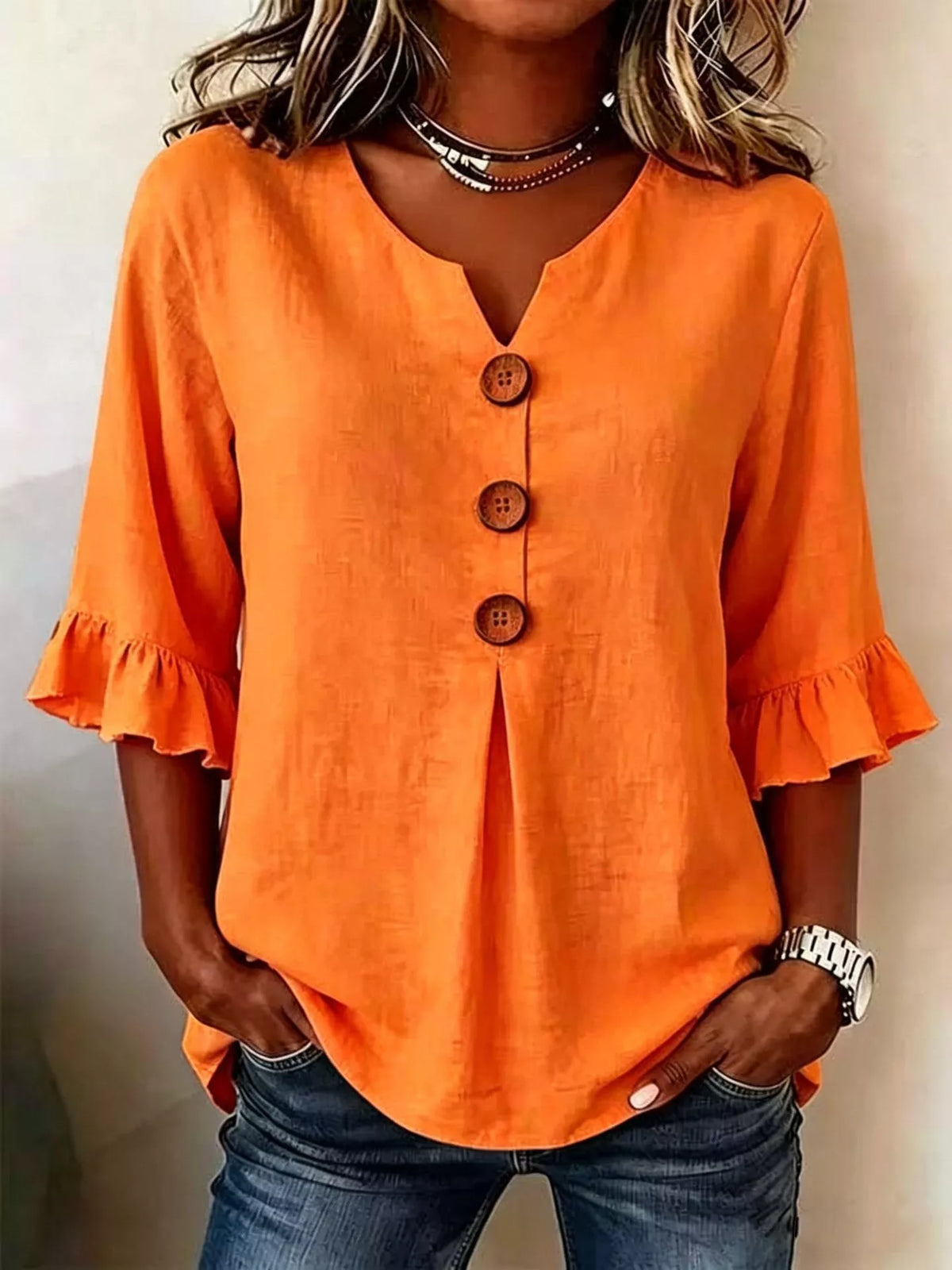 Casual Ruffle‑Sleeve - Button Top Plus Size