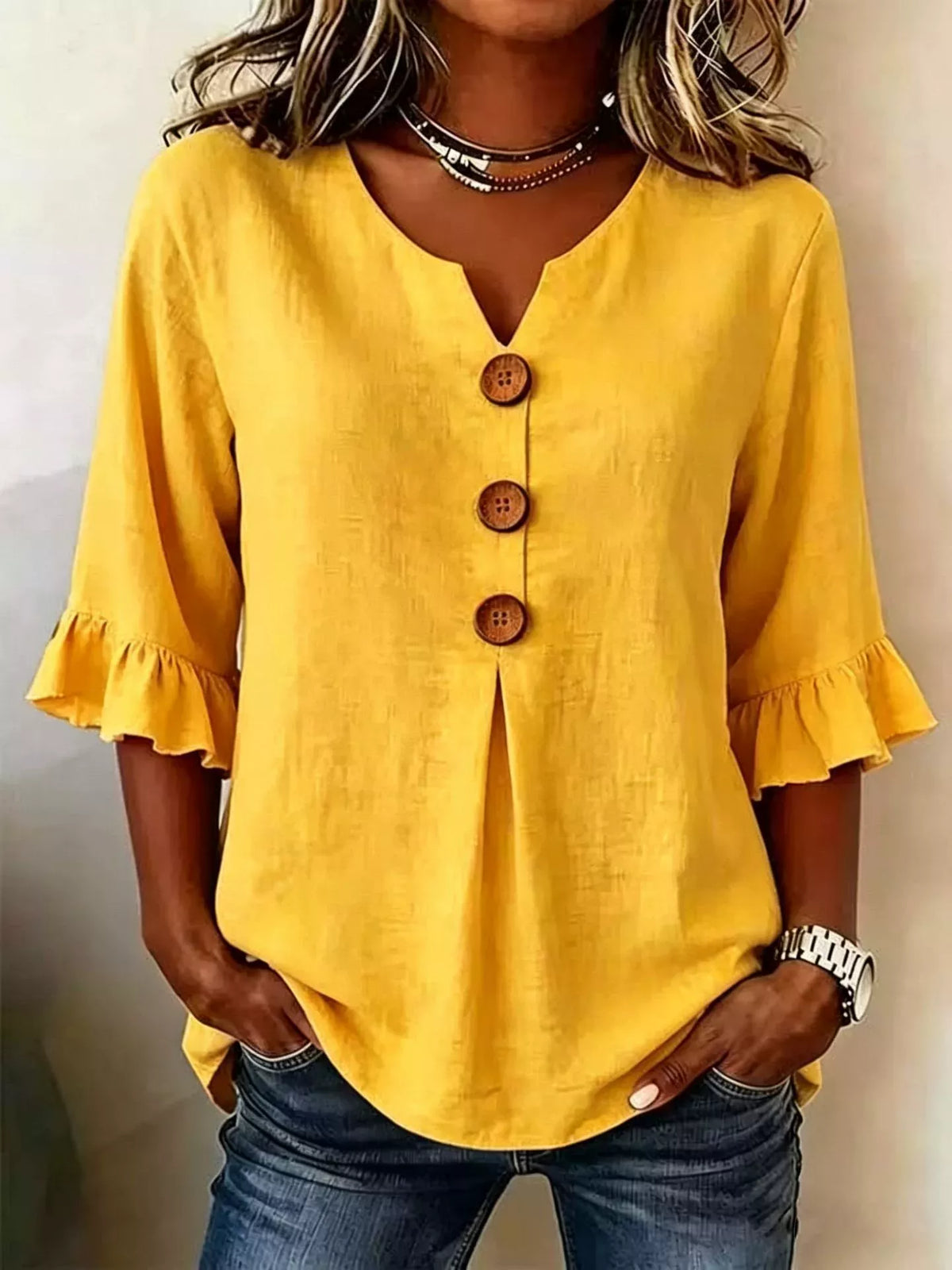Casual Ruffle‑Sleeve - Button Top Plus Size