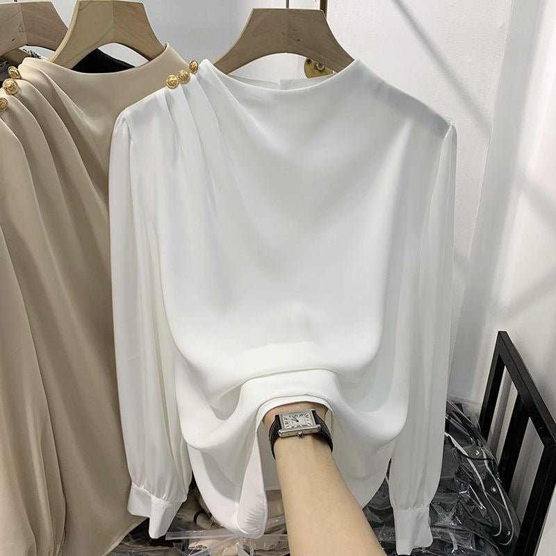 Shoulder-studded Beaded Pullover Long-sleeve Chiffon Blouse For Women