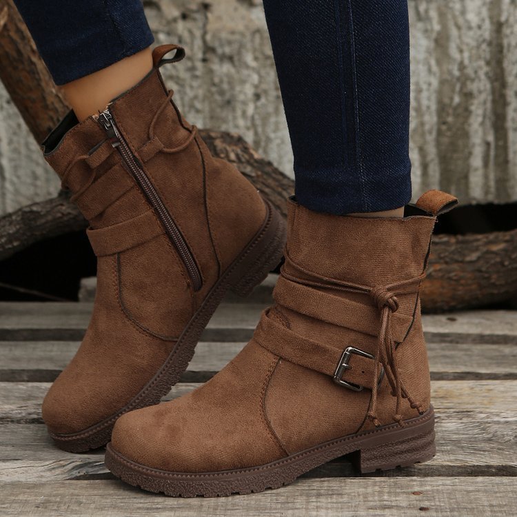 Round Toe Buckle Shoes Casual Retro Boots With Side Zipper Non Slip Ankle Boots For Women