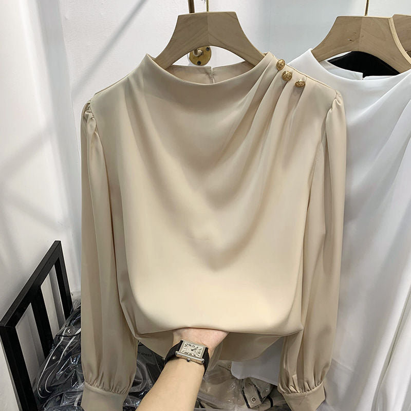 Shoulder-studded Beaded Pullover Long-sleeve Chiffon Blouse For Women