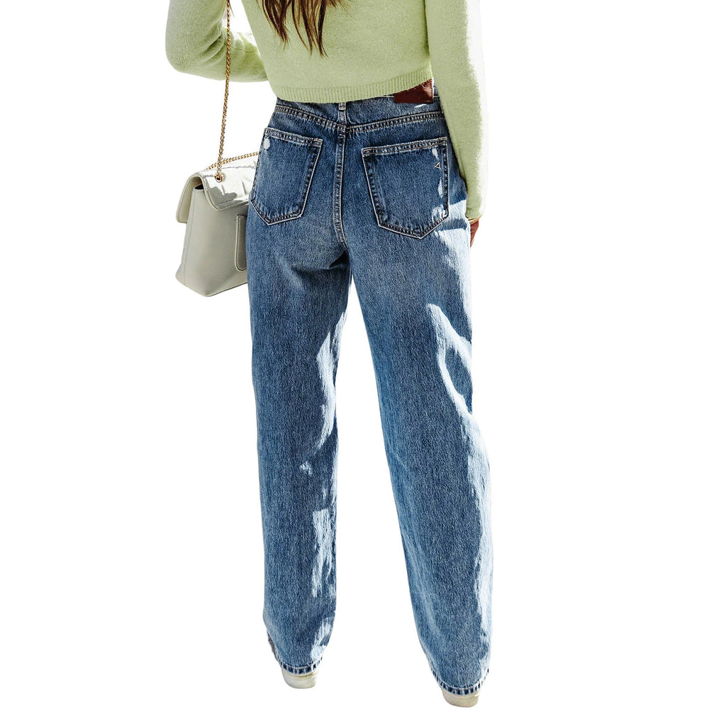 Loose-fit Straight-leg Ripped High-elastic Jeans