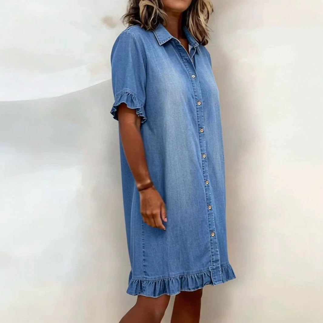 Faux Denim Ruffle-Sleeve Shirt Dress