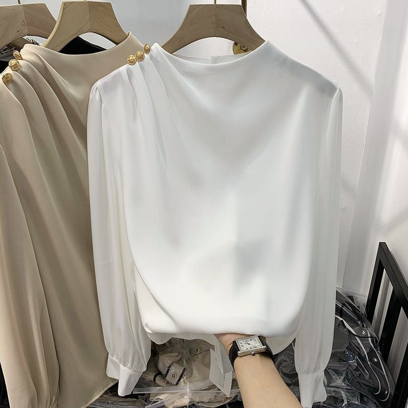 Shoulder-studded Beaded Pullover Long-sleeve Chiffon Blouse For Women
