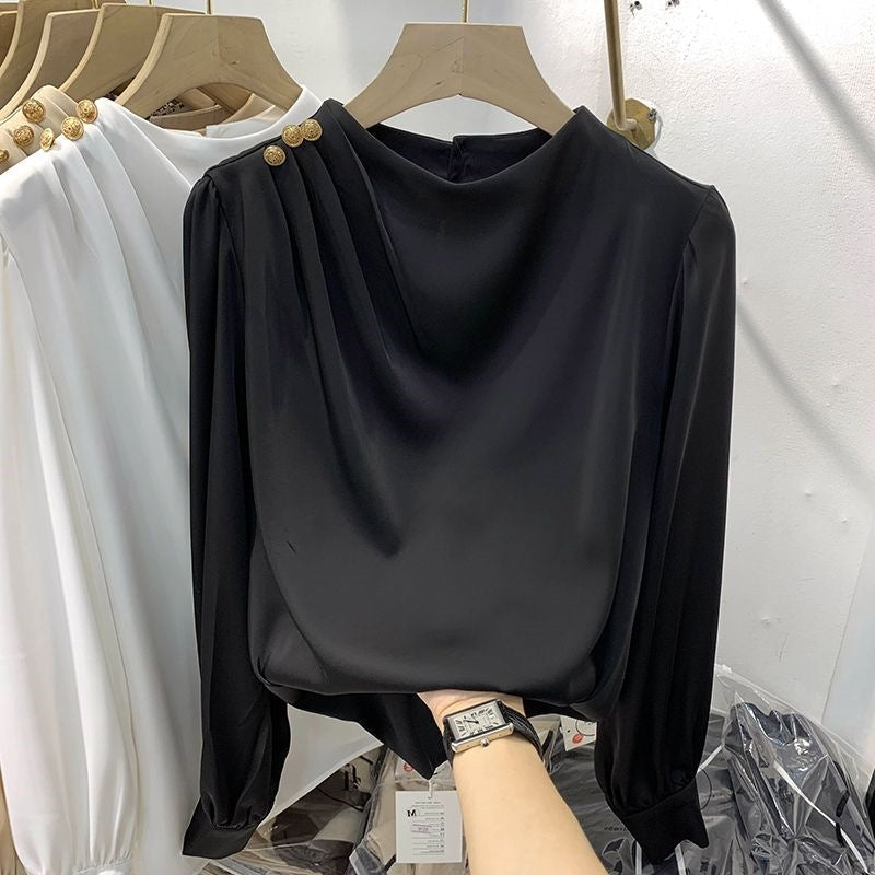 Shoulder-studded Beaded Pullover Long-sleeve Chiffon Blouse For Women