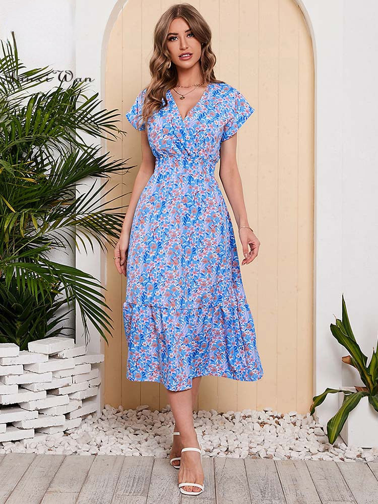 Chiffon Floral Print Long  Short Sleeve Dress