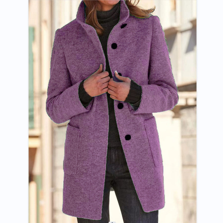 Stand Collar Woolen Coat With Pockets Fall Winter Casual Button