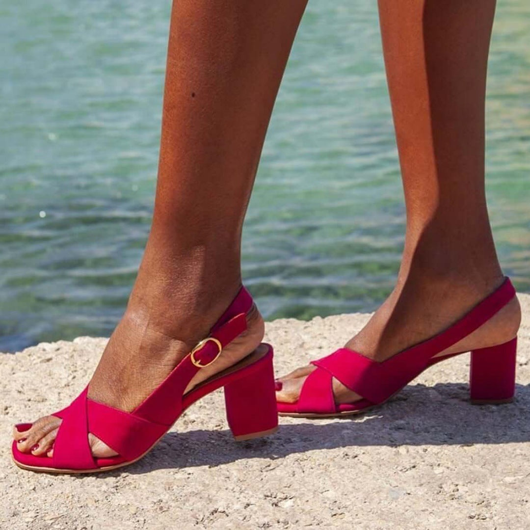 Chunky Heel Open Toe Buckle | Elegant Roman-Style High Heel