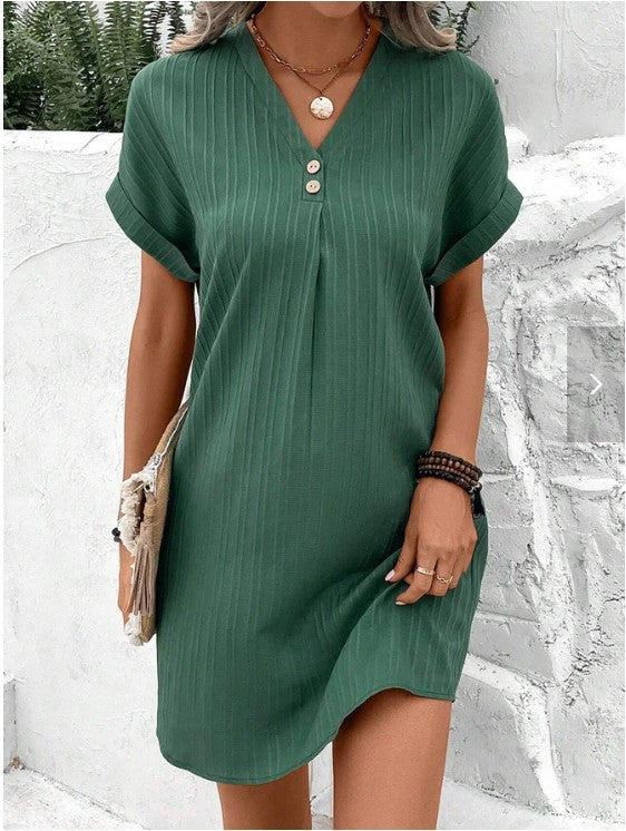 Button-Front V-Neck Dress
