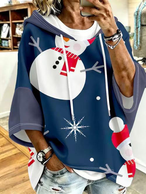 Retro-Print Hoodie With Drawstring And Three-Quarter Sleeves