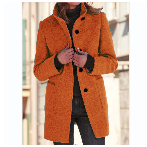 Stand Collar Woolen Coat With Pockets Fall Winter Casual Button