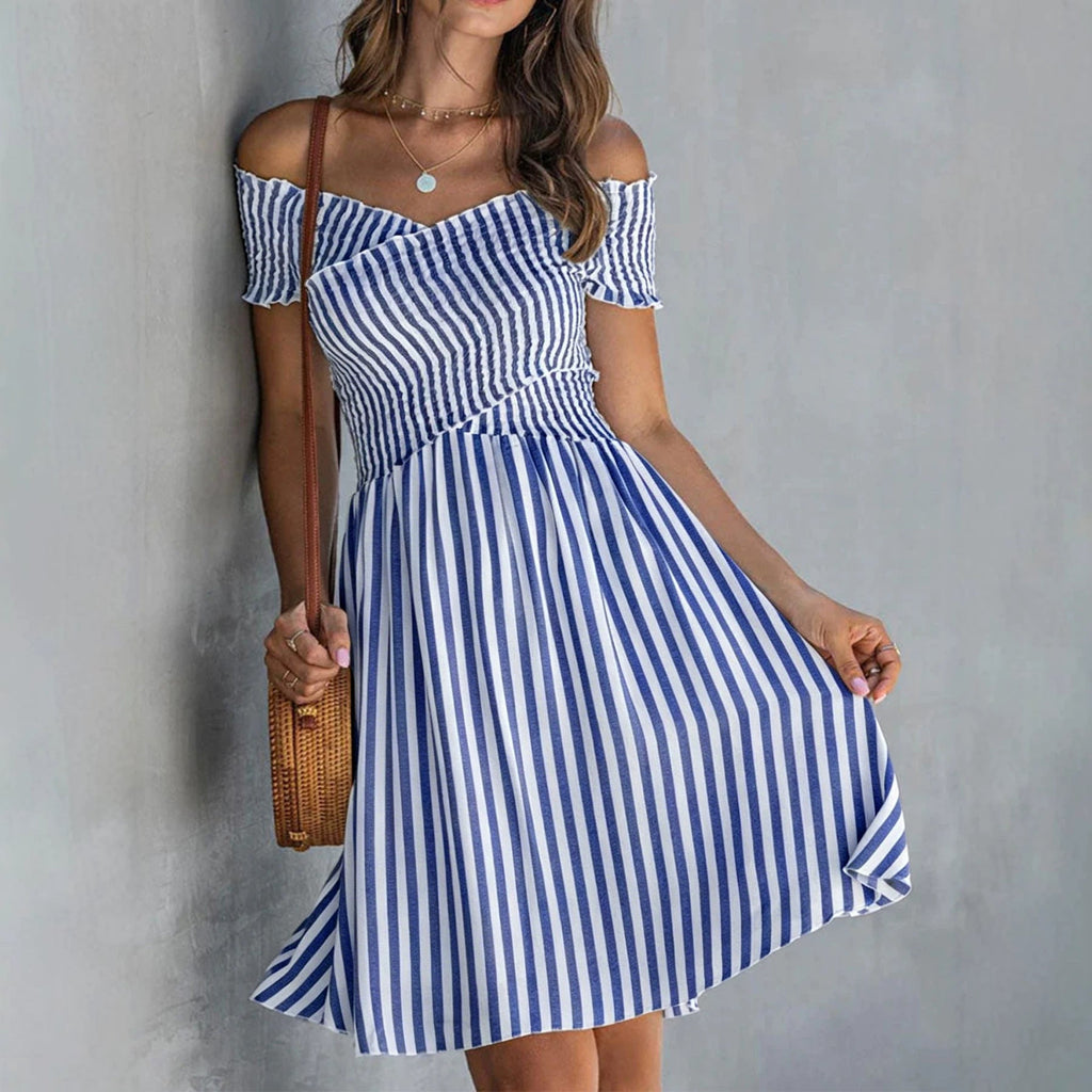 Off-Shoulder Striped Waist-Cinching Midi Dress