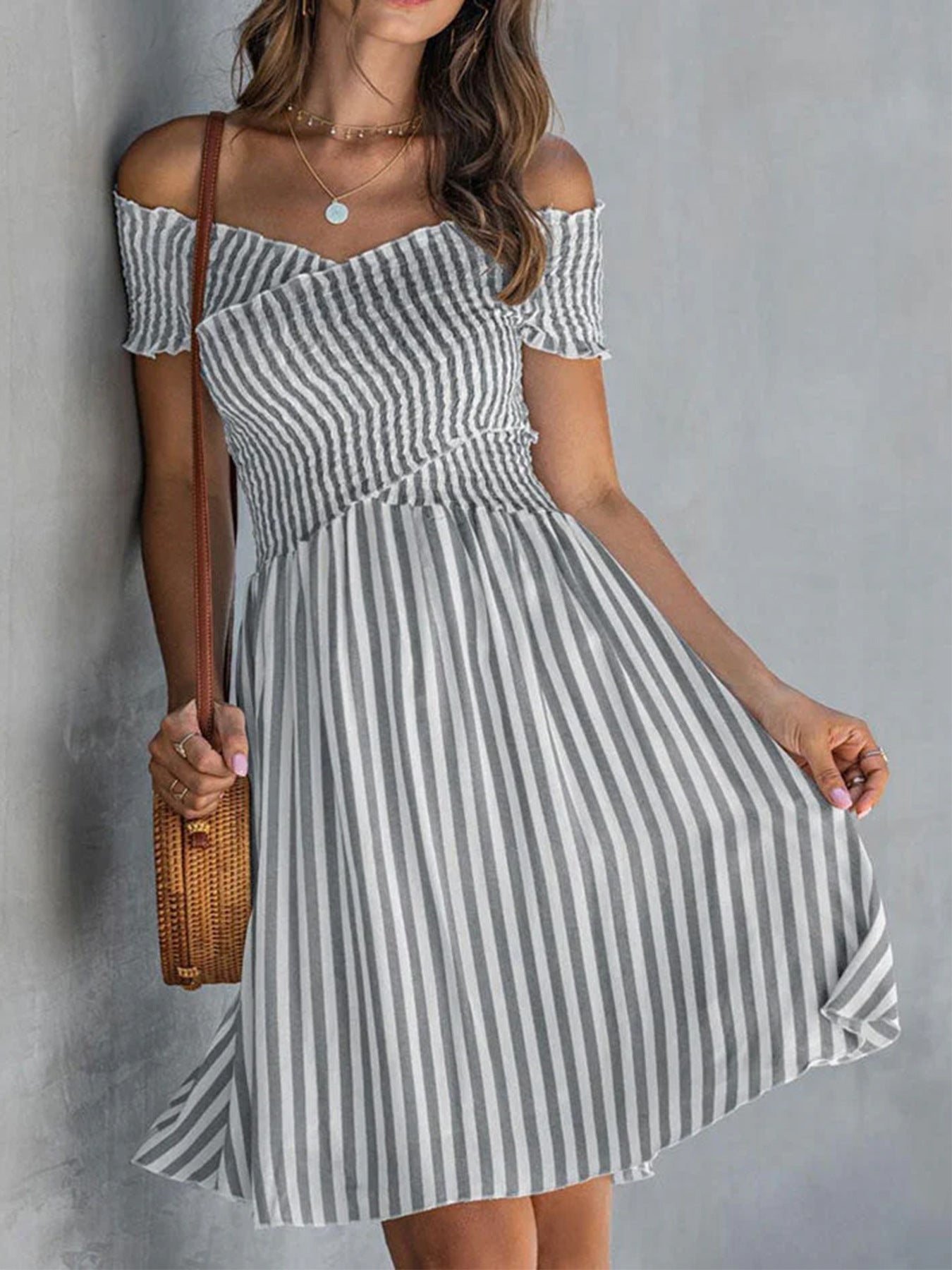 Off-Shoulder Striped Waist-Cinching Midi Dress