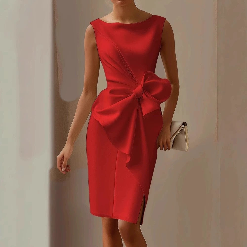 Bow-Knot Sleeveless Midi Dress – High Waist A-Line
