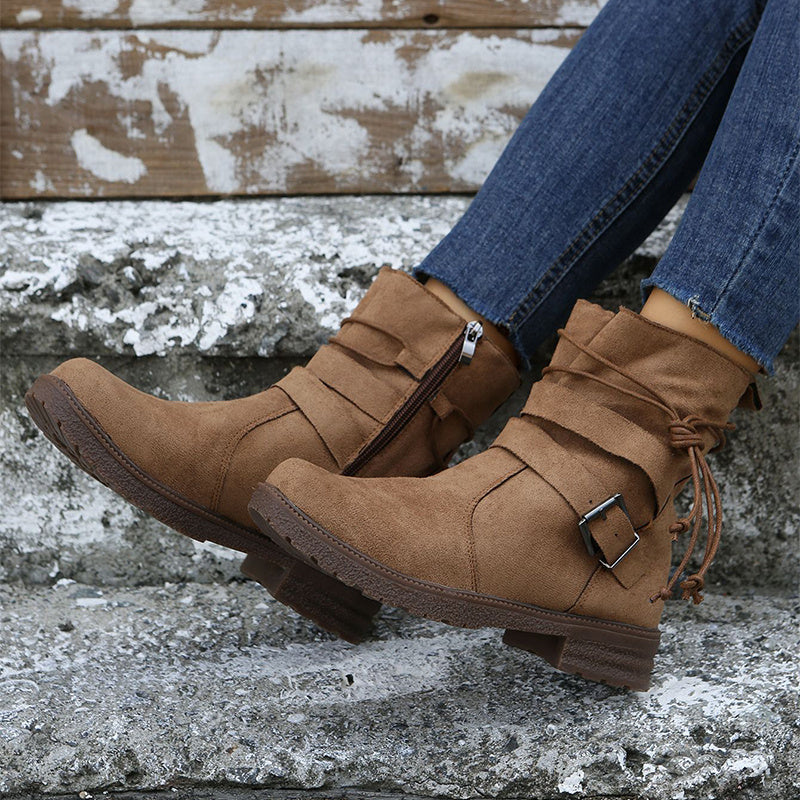 Round Toe Buckle Shoes Casual Retro Boots With Side Zipper Non Slip Ankle Boots For Women