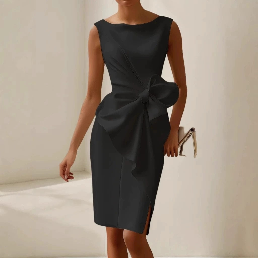 Bow-Knot Sleeveless Midi Dress – High Waist A-Line