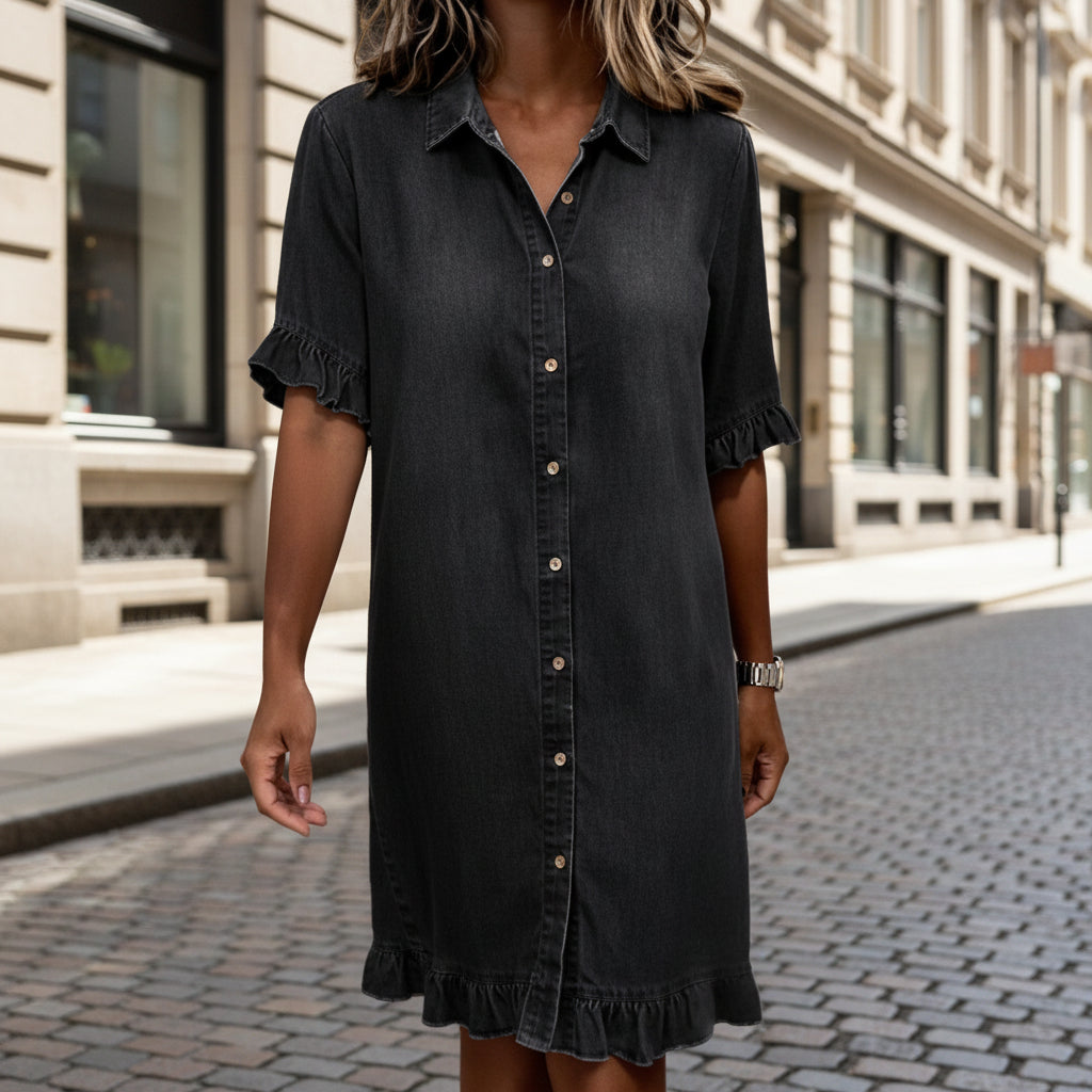 Faux Denim Ruffle-Sleeve Shirt Dress