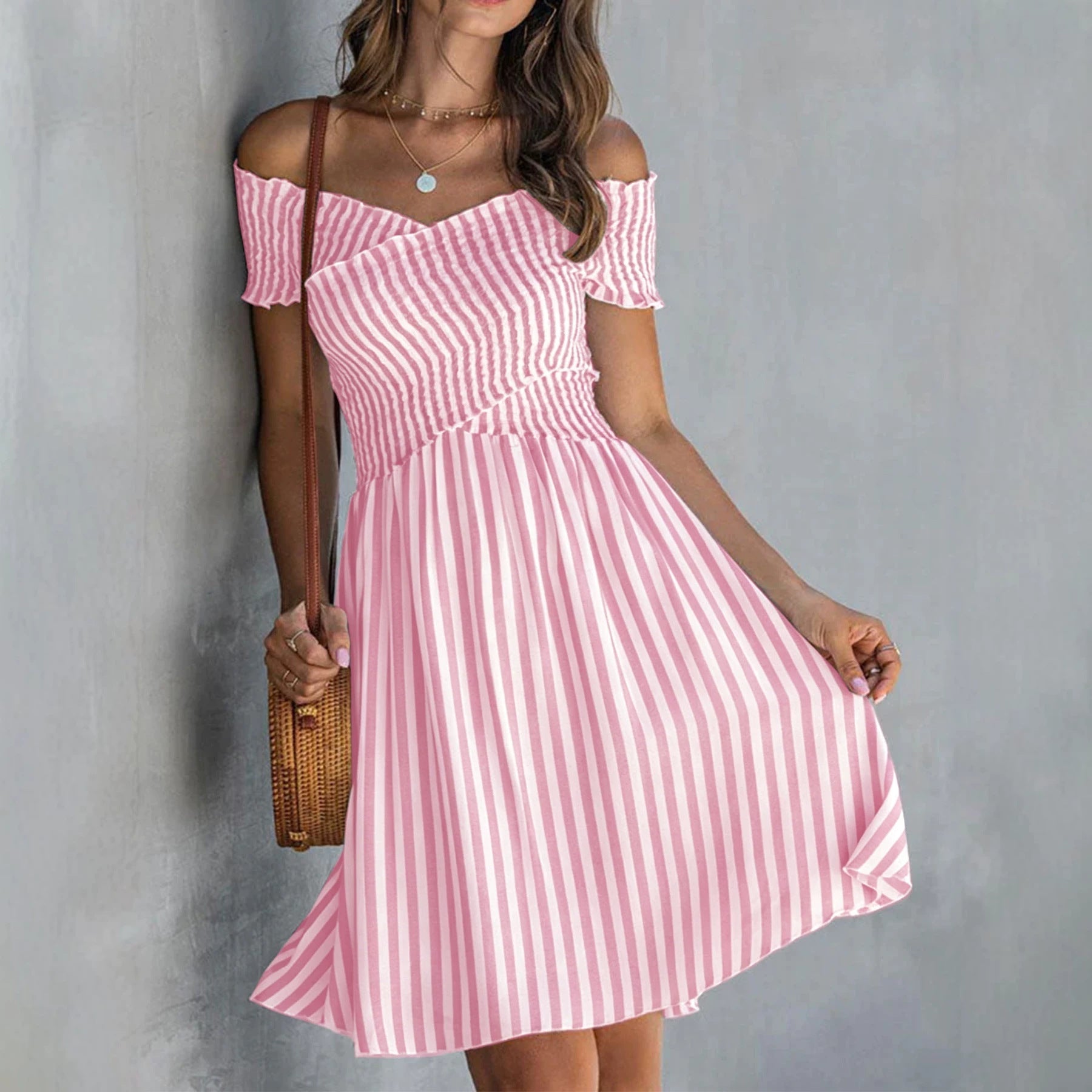Off-Shoulder Striped Waist-Cinching Midi Dress