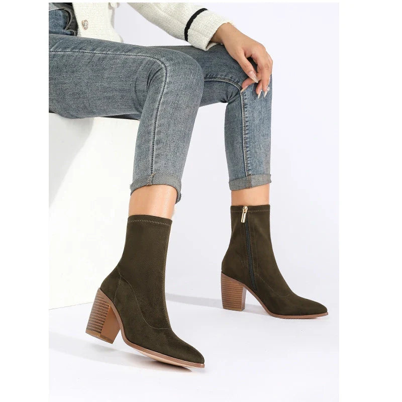 Autumn Modern Boots Faux Suede Mid-calf  Slip-on Pointed Toe Short Boots