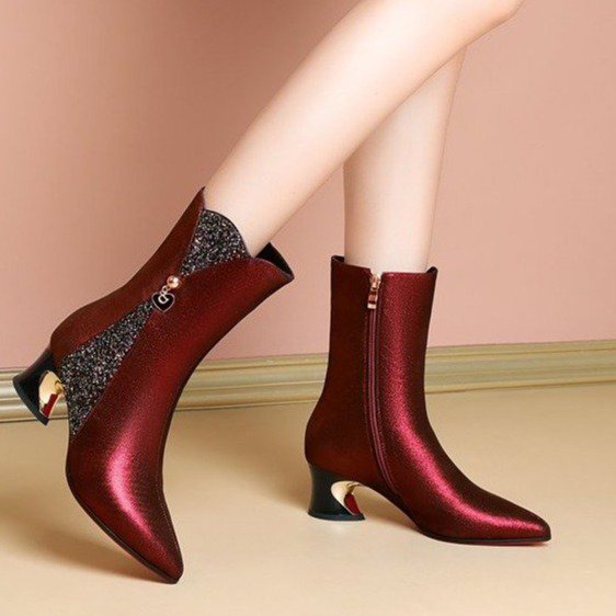 Leather Pointed Toe Short Boots