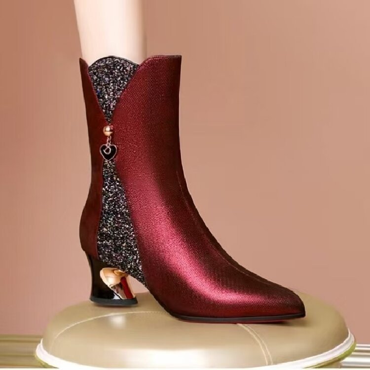 Leather Pointed Toe Short Boots