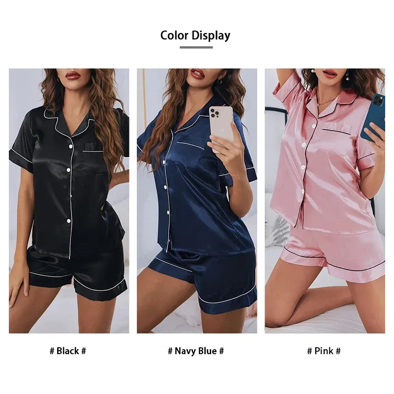 Women Silk Satin Pajamas Set Two-piece Pj Sets