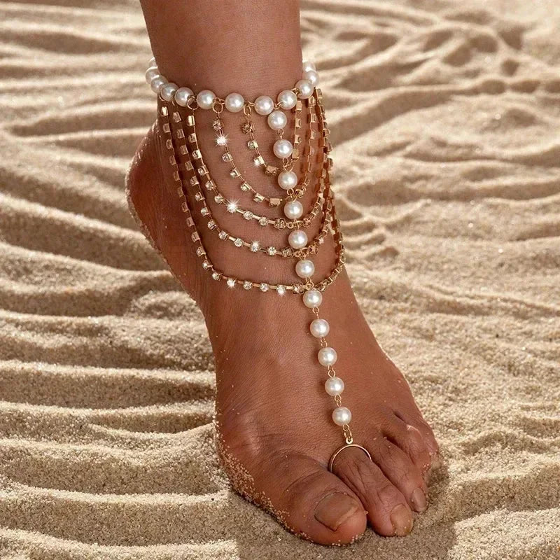 Boho Beaded Anklet for Women -  Beach Toe Bracelet