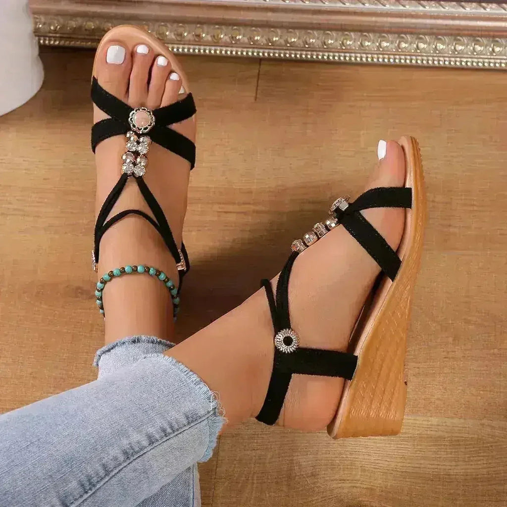 Solid Color Wedge, Ankle Buckle Sandal