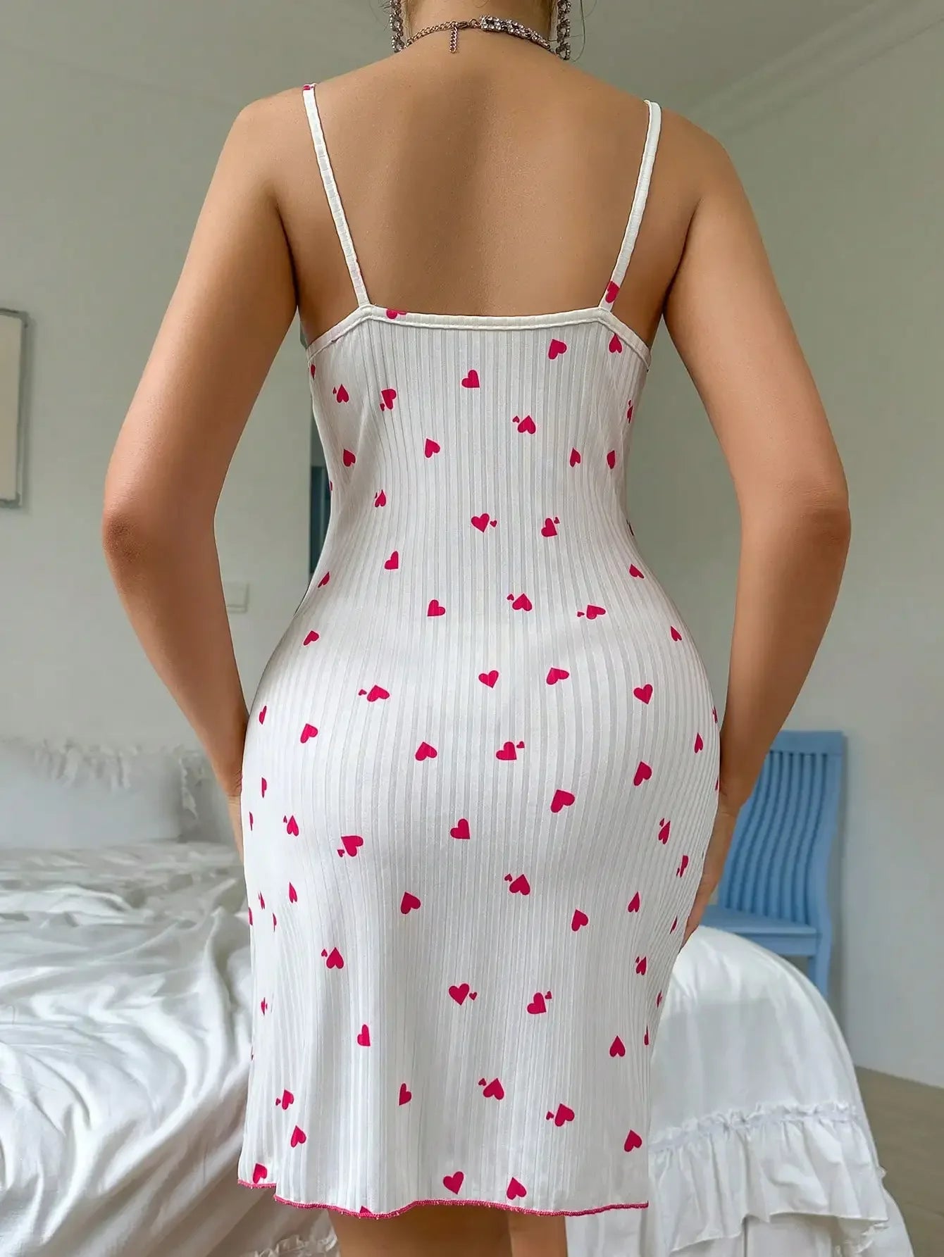 Sexy Nightdress Night Gown Lace Trim Camisole Bow Heart Print