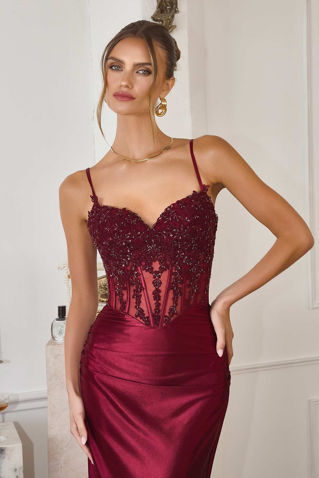 Sleek Fitted Stretch Satin Sheer Corset Mermaid Gown